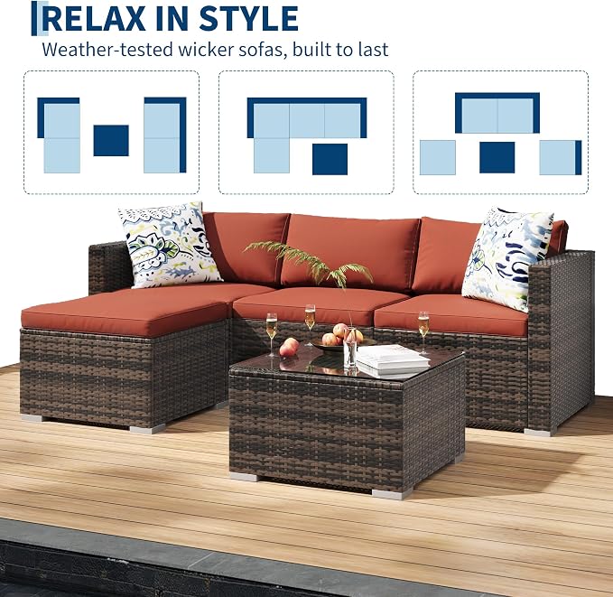 PeakPursuit Outdoor Patio Furniture Set, 5 Pieces Rattan Patio Conversation Sets with Glass Coffee Table and Cushion,All Weather Outdoor Patio Sofa for Garden, Poolside, Backyard,Orange