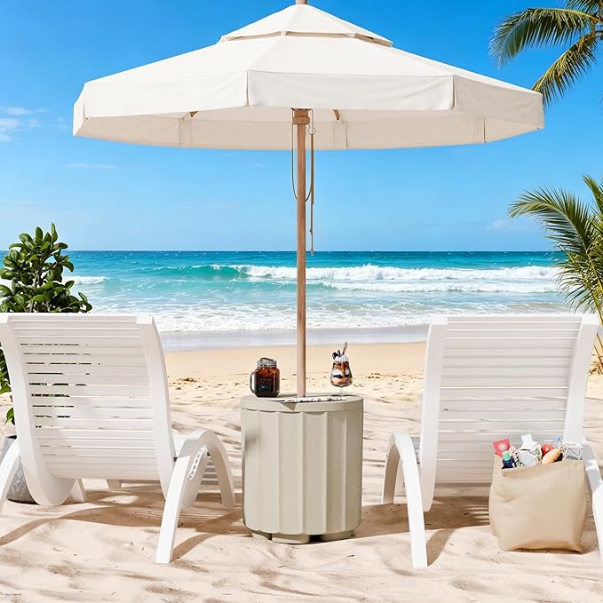 Umbrella Side Table, Outdoor Sturdy 2-in-1 Umbrella Base & Side Table, Wind-Resistant with Leak-Proof Water Bladder, Patio in Pool Umbrella Stand, No Rust Stains, Easy Assembly, Beige