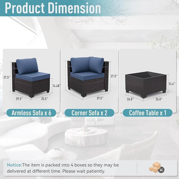 ALAULM 9 Pieces Patio Furniture Set Wicker Patio Conversation Set, Outdoor Sectional Furniture w/Coffee Table & Washable Seat Cushions-Dark Blue