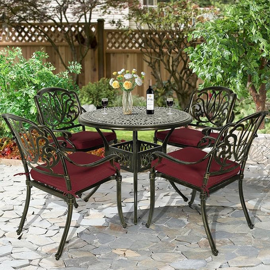 5-Piece Outdoor Patio Dining Set, All-Weather Cast Aluminum Patio Furniture Set for Backyard Garden Deck with 4 Chairs, 4 Cushions and 35.4" Round Table, 2" Umbrella Hole, Red