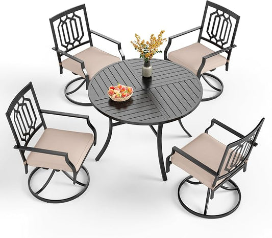 PHI VILLA Patio Dining Set, Swivel Chairs&Round Steel Table | Swivel Metal Steel Chairs with Cushions, Large Modern Furniture for Patio, Deck, Backyard, Porch
