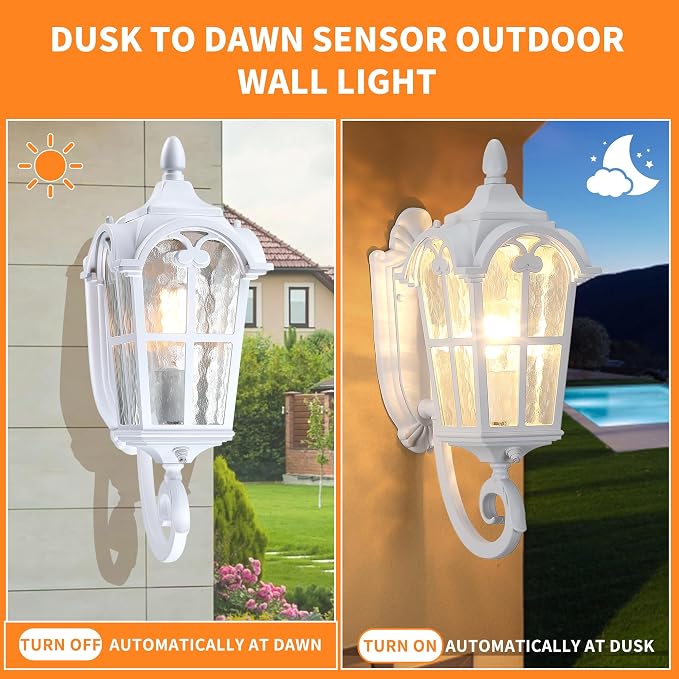 17.71" Dusk Dawn Outdoor Porch Light White Exterior Wall Lantern | Modern Outside Sconce Lighting Fixtures Waterproof Wall Mount Lamp for House Garage Patio Entryway