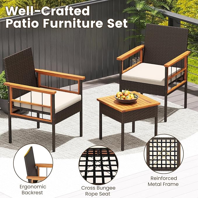 Tangkula 3 Piece Outdoor Wicker Conversation Furniture Set, Patio Rattan Cushioned Chair & Side Table Set with Acacia Wood Tabletop & Armrests, for Backyard, Porch, Balcony