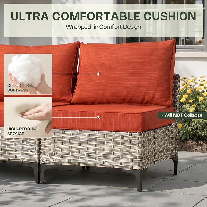 8 Pieces Patio Furniture Set, Outdoor Conversation Set with 360° Swivel Rocker Chairs, Wicker Sectional Sofa & Solar Powered Lighted Table, High Back Outdoor Furniture for Backyard Porch, Orange