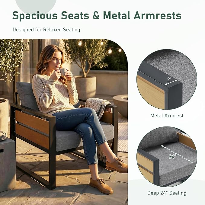 Furnimart Patio Furniture Set, 2-Piece Metal Outdoor Sectional, 2-Seat Patio Conversation Set with Deep Seating, Thick Cushions & Coffee Table for Backyard, Porch & Deck, Gray