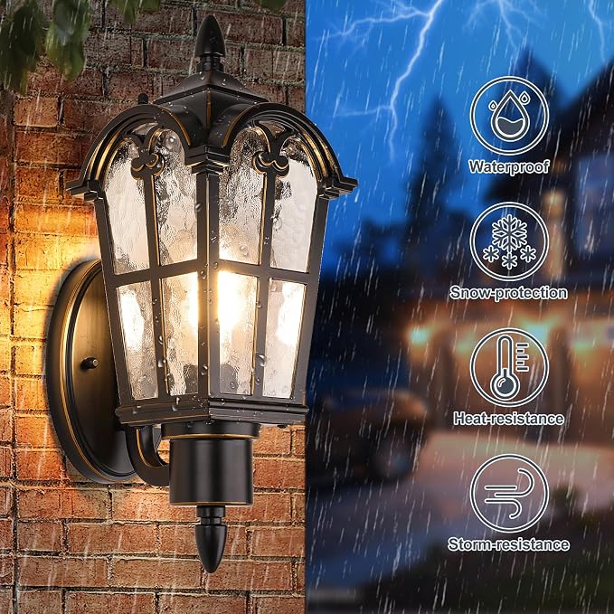 16’’ Large Outdoor Wall Light Fixtures, Exterior Wall Lantern Sconces | Waterproof, Rust-resistant, Matte Black with Gold Trim, Water Ripple Glass, Quick & Easy Installation, Retro & Traditional