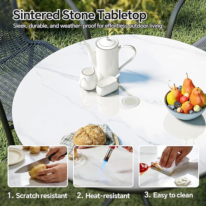 ZL ZELing Outdoor Round Patio Table Top with Umbrella Hole-35.43Inch Sintered Stone Dining Table for Outdoor Patio,Weather-Resistant Slate Countertop Replacement for Garden,Deck,Bar