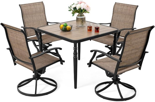 NUU GARDEN 5-Patio Piece Outdoor Dining Set,4 Textilene Swivel Chairs & 37" Square Table with Umbrella Hole and Faux Wood Tabletop, Outdoor Furniture for Porch Backyard Garden Poolside Black Brown
