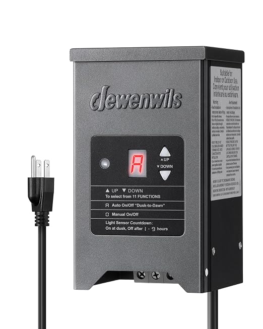 DEWENWILS 150W Low Voltage Landscape Lighting Transformer, 120V to 12/15V AC, Metal Shield, Outdoor Low Voltage Landscape Transformer, Photocell & Timer, Landscape Lighting Transformer