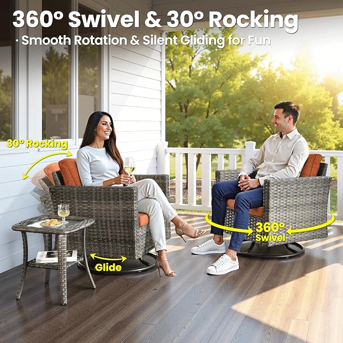 ovios 10 Pieces Patio Furniture Set, Outdoor Wicker Sofa with Rocking Swivel Chairs, Glider Chairs Rattan Couch with Comfy Cushions All Weather Conversation Set, Orange Red