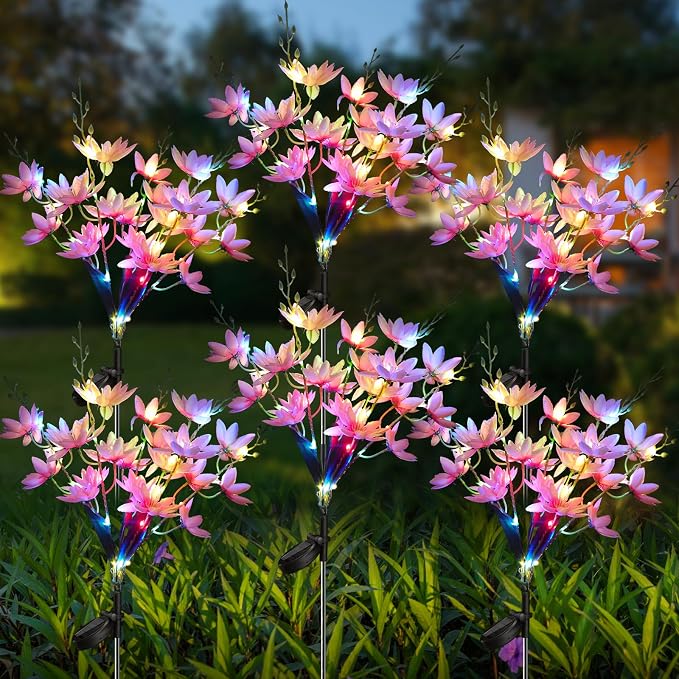 Neporal Solar Flowers Outdoor Waterproof IP65, 5-Head Snow Lotus with 20+ Flowers, 4-Color Light & 2 Lighting Modes, Decorative Solar Lights Outdoor Garden, Yard, Pathway, Flower Bed (6-Pack, Pink)