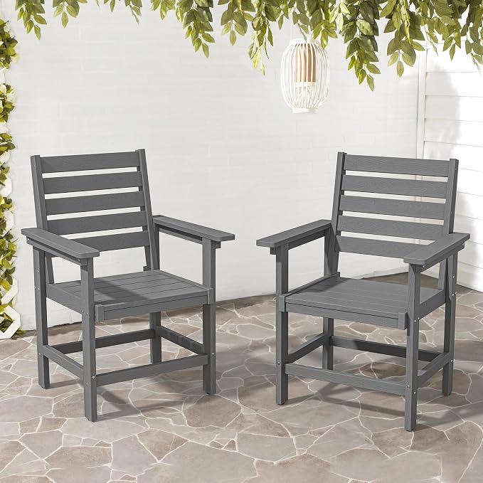 Patio Dining Chairs Set of 2, HDPS Weather Resistant Outdoor Chairs with Armrest, Heavy Duty 300LBS Support Patio Chairs for Backyard Deck Porch Balcony, Gray