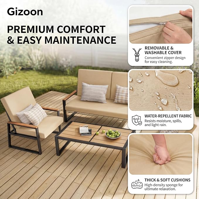 Gizoon 4-Piece Outdoor Patio Furniture Set with Coffee Table and Removable Cushions, Metal Patio Conversation Set for Family, Yard, Poolside (Gray)