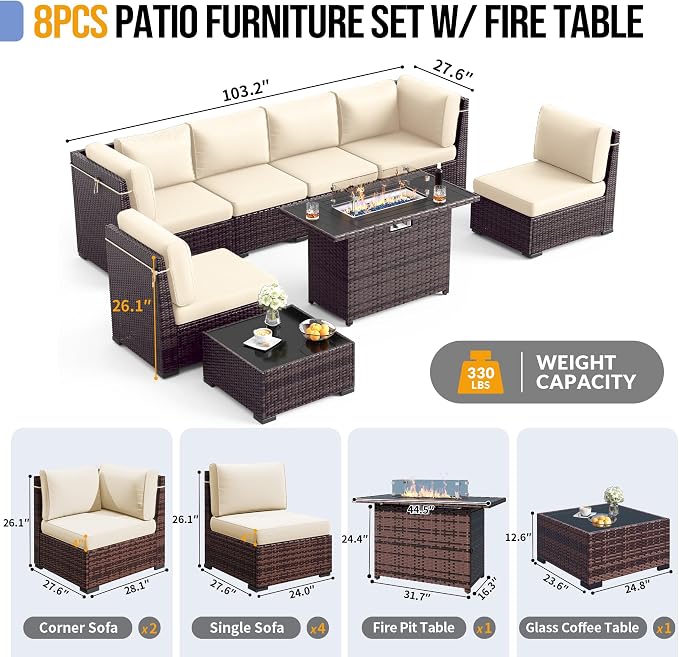 Outdoor Patio Furniture Set with 44" Fire Pit Table 8 Pieces Rattan Patio Sectional Sofa Conversation Set w/55000 BTU Propane Gas Fire Pit, Coffee Table, 2 Waterproof Covers, Khaki