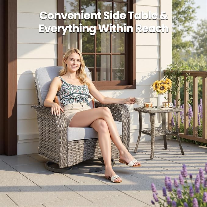 7 Piece Patio Swivel Rocker Chairs Set with Side Table, Light Gray | High Back Deep Seating, All Weather Wicker, Outdoor Glider Chair Set, Porch Deck Backyard Balcony Furniture