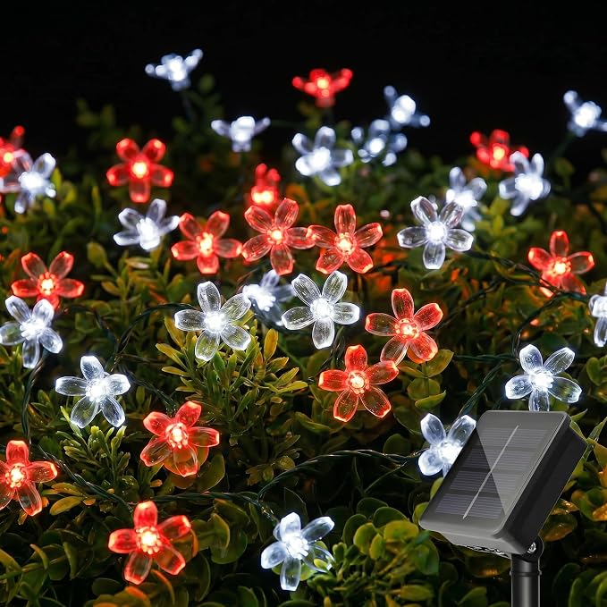 ITICdecor Solar Flower String Lights Outdoor Waterproof 50 LED Solar Powered Fairy Lights for Garden, Fence, Patio, Yard, Christmas Tree & Party Decor(Red&White)