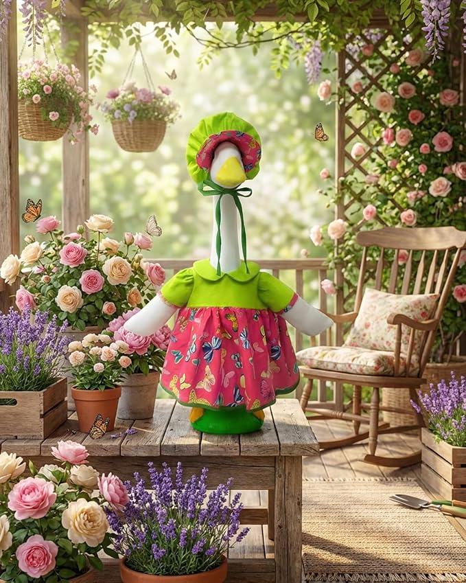 Summer Porch Goose Outfits with Hat, 23" Lawn Cement Goose Clothes for Spring Summer, Patio Yard Garden Geese Decoration Gifts for Mom Grandma