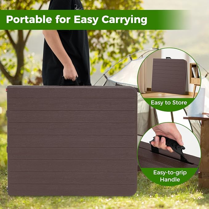 Giantex 6ft HDPE Folding Table, Outdoor Indoor Foldable Table with Metal Legs, Fold-in-Half Portable with Handle for Picnic, Camping, Banquet, Party Event (Brown)