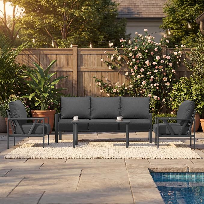 Patio Furniture Set, Metal Outdoor Furniture with Coffee Table, Modern Outdoor Patio Conversation Seating Set, Grey