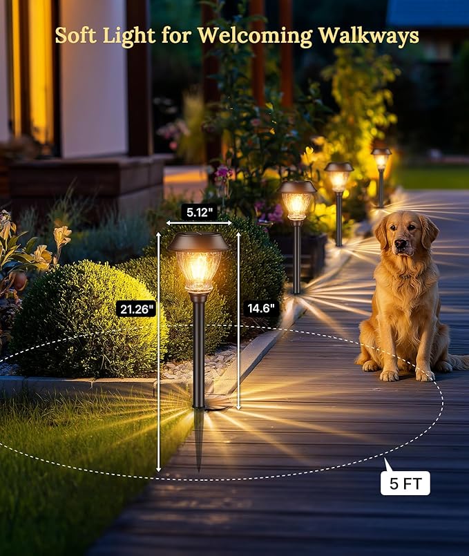 XMCOSY+ Solar Pathway Lights Outdoor, Warm White Landscape Lighting, 8 Pack | Crackled Glass Metal Garden Lights, IP65 Waterproof, Soft 2700K LED, Auto On/Off Landscape Lights for Path, Yard, Walkway
