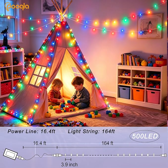 500 LED Colorful Christmas Lights Outdoor String Lights, 164 ft | Green Wire Waterproof Twinkle Fairy Lights with Timer, 8 Modes Connectable String Lights Indoor Bedroom Classroom Decorations