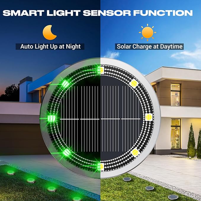 Solar Ground Lights Outdoor, 12 Pack Flat Solar Powered Disc Lights, IP68 Waterproof, Anti-Rust, Landscape Lighting for Pathway Garden Yard Lawn Walkway Landscape Driveway, Green