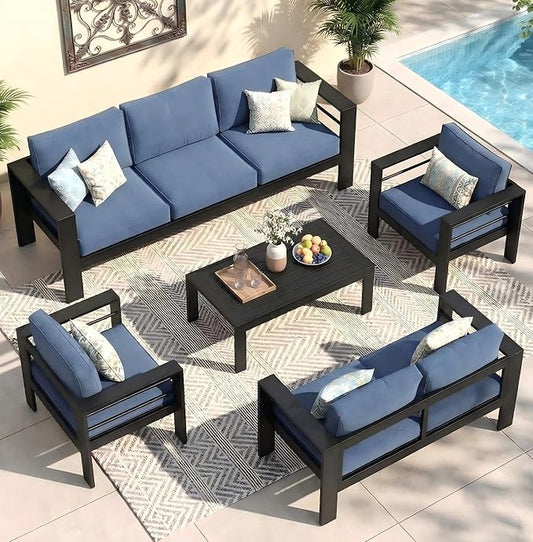 Wisteria Lane Aluminum Patio Furniture Set for All Weather, Oversized Metal Outdoor Furniture Set with 27.5" Deep Seat and Thick Back Cushion, Outdoor Patio Conversation Sets with Wide armrest, Blue