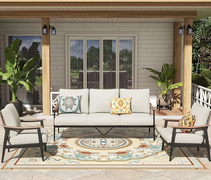 NATURAL EXPRESSIONS 5 Pieces Patio Furniture Set, Outdoor Furniture Sofa Sectional Modern Metal Patio Conversation Set with High Back Wicker Backrest & Loveseat for Balcony, Backyard, Deck, Porch