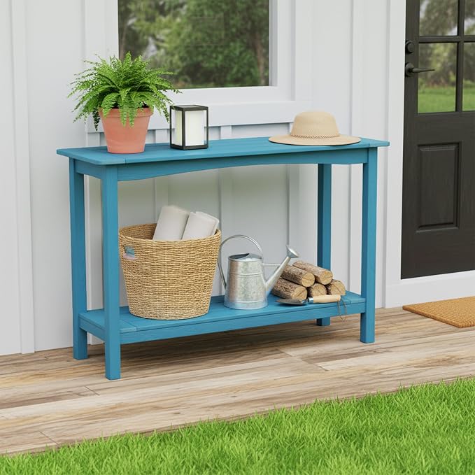 Outdoor Console Table, All-Weather 2-Tier Patio Console Table, Outside Plant Stand Table, Low Maintenance, Never Rot or Fade, HIPS Table for Indoor, Backyard, Garden, Entryway, Light Blue