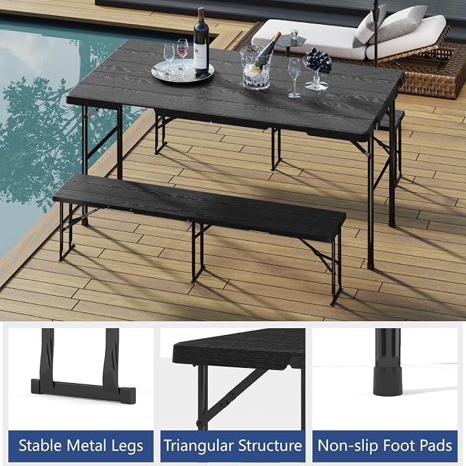 Folding Table with 2 Benches Set, 6FT Picnic Table with 2 Chairs, 3pcs Plastic Camping Tables and Foldable Bench Sets Indoor & Outdoor for Party, Camping, Picnic, Wedding, BBQ, Black