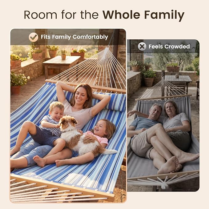 Everyfun Double Hammock with Spreader Bar - 2 Person Patio Hammock, 500 lbs Capacity, Soft Pillow & Carry Bag, Flat Wide Bed, Portable Quilted Hammock for Outdoor Camping Backyard Garden,Blue