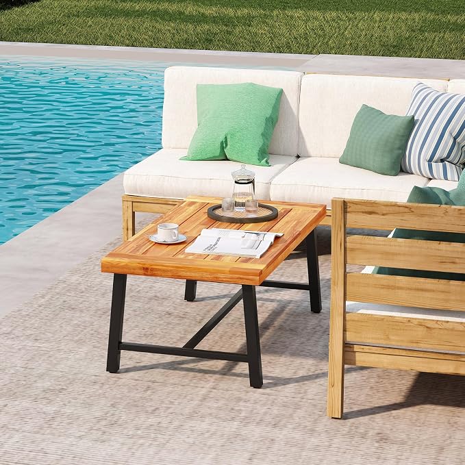 HAPPYGRILL Acacia Wood Patio Coffee Table, Outdoor Rectangular Center Table with Sturdy Metal Frame, Adjustable Leveling Feet, Tea Table for Balcony, Poolside, Porch, Deck