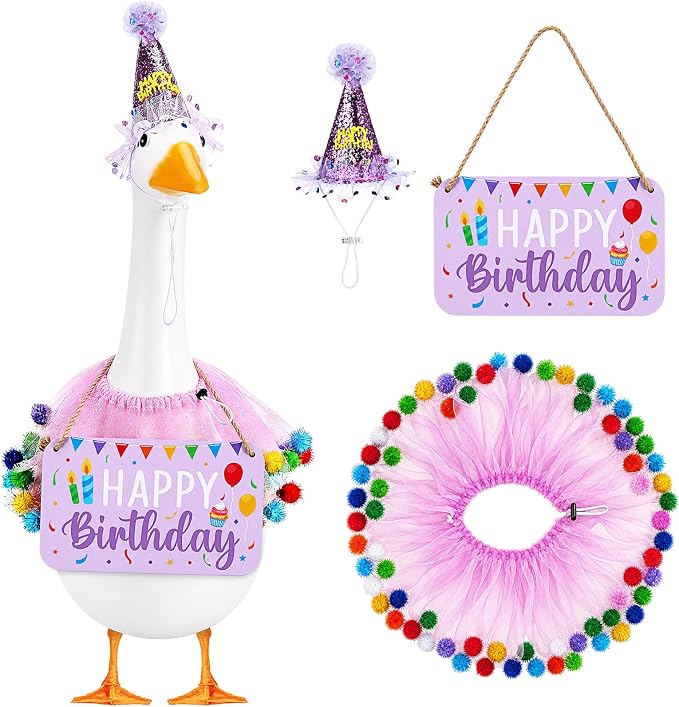 3 Pcs Happy Birthday Porch Goose Outfit Lawn Goose Cloth Costume for 23" Cement Plastic Patio Yard Statue Outdoor (Purple,Tutu Skirt)