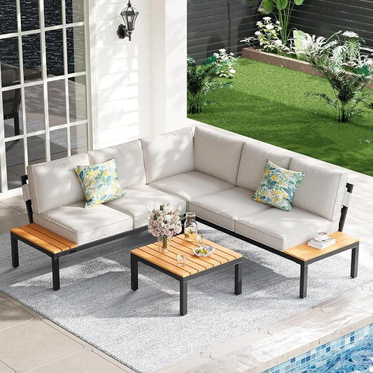 5-Person Outdoor Patio Furniture Set, Durable Metal Frame Outdoor Sectional with Wood-Look Table & Waterproof Cushions, All-Weather Conversation Set for Garden, Balcony, Poolside-Beige