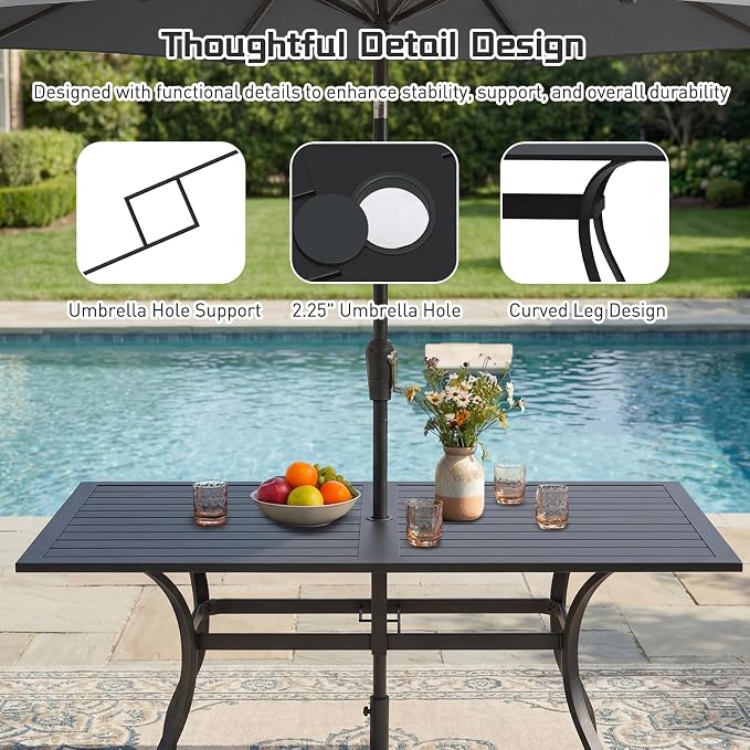 7 Piece Outdoor Patio Dining Set, 62’’ Rectangular Metal Dining Table with Umbrella Hole & 6pcs Outdoor Metal Dining Chairs, Outdoor Furniture Dining Set for Patio, Balcony, Lawn, Garden, Backyard