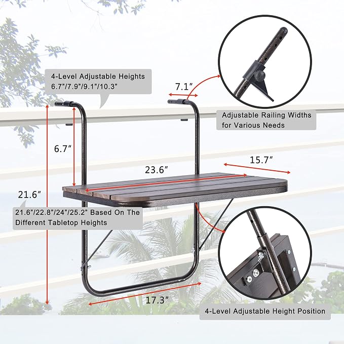 Balcony Railing Table Outdoor Hanging Folding Brown Aluminium Metal Side Table Adjustable 23.6"L x 15.7"W