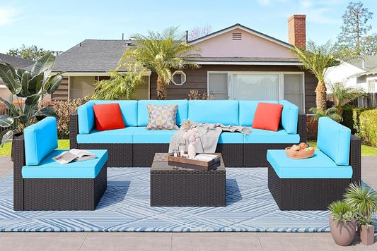 7 Piece Outdoor Patio Furniture Set with Cushions and Glass Table, PE Rattan Wicker Manual Weaving Sectional Sofa Conversation Set for Garden, Deck, Backyard, Balcony, Outdoor Lounge Area
