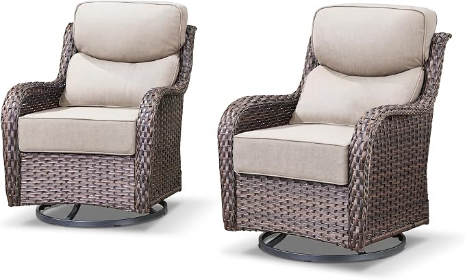 Luxury Wicker Patio Furniture Set-High Back Outdoor Swivel Chairs Set of 2 with 6" Thick Cushions Wide Armrest All Weather Patio Conversation Sets for Deck Porch Balcony(Brown/Beige)