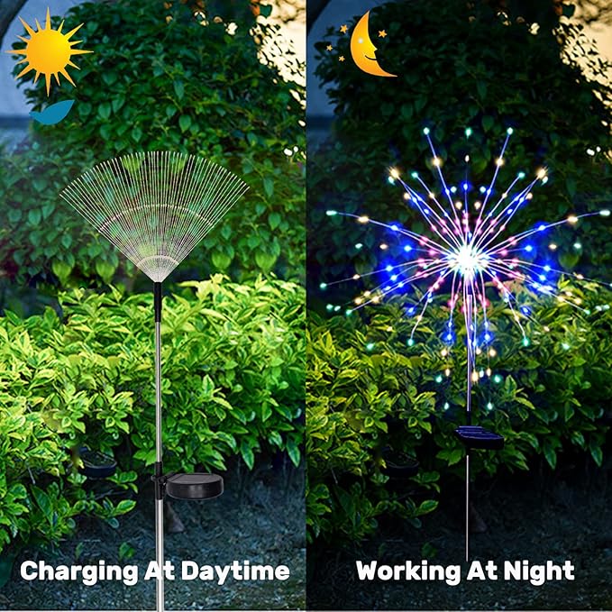 Solar Garden Firework Lights Outdoor Waterproof 4 Pack 120 LED Sparklers Solar Lights for Outside Patio Backyard Yard Pathway Walkway Decorations 4th of July Decorations (Colorful)