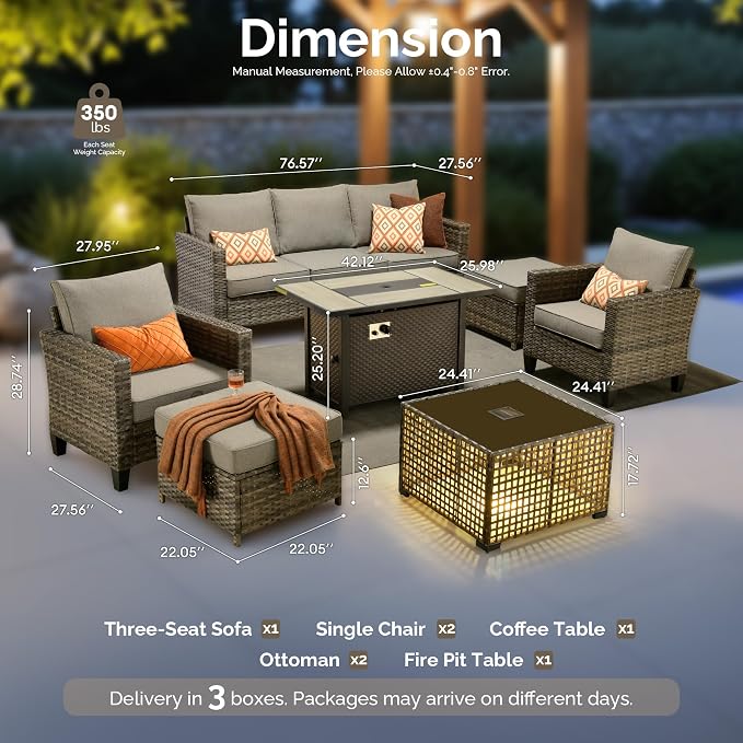7 Piece Wicker Patio Furniture Set with Firepit Table, Dark Gray | Outdoor Deep Seating Sofa Chair Ottoman, Firepit, Solar Lights Table, Modern Conversation Set, Porch Deck Backyard