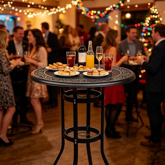 Bar Height Patio Table- Round High Top Outdoor Table, Small Pub Height Bistro Tables, Cast Aluminum All Weather Cocktail Tables with Umbrella Hole & Antique Design 41" H for Yard Porch Garden