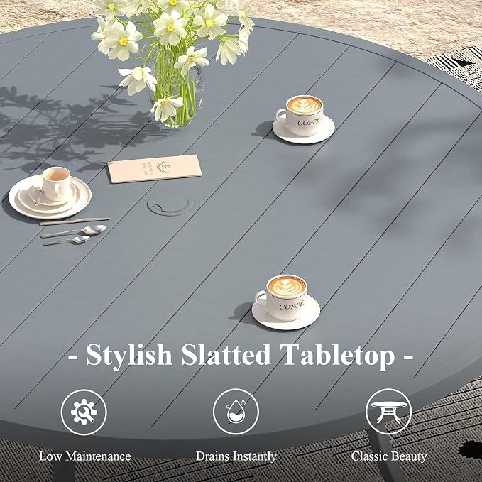 Outdoor Dining Table for 8, 63" Round Outdoor Table with Adjustable Umbrella Hole, All-Weather Metal Patio Dining Table for Lawn Garden Backyard Deck, Dark Grey