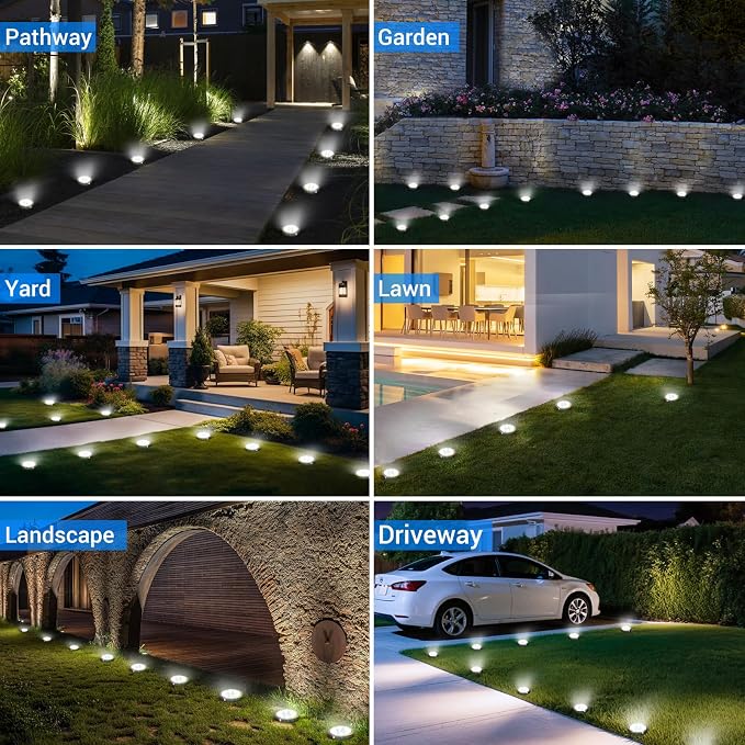Solar Ground Lights Outdoor, 2 Pack Flat Solar Powered Disc Lights, IP68 Waterproof, Anti-Rust, Landscape Lighting for Pathway Garden Yard Lawn Walkway Landscape Driveway, Mini, Cool White
