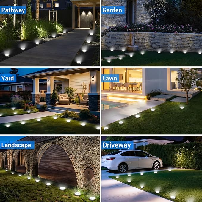 Solar Ground Lights Outdoor, 6 Pack Flat Solar Powered Disc Lights, IP68 Waterproof, Anti-Rust, Landscape Lighting for Pathway Garden Yard Lawn Walkway Landscape Driveway, Mini, Cool White
