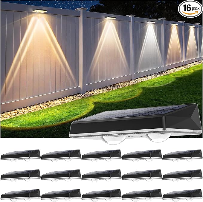 Solar Fence Lights Outdoor, 16-Pack 120LM Fence Lights Solar Powered, IP67 Waterproof Dusk to Dawn Auto On/Off 12+ Hours for Outside/Backyard/Wall/Step/Patio/Deck/Pool (3000K/4000K/6000K White)