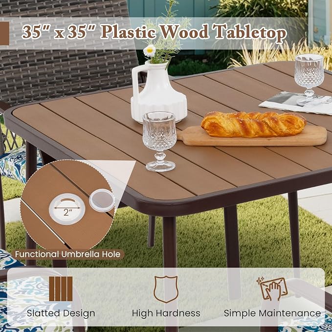 Tangkula 35-Inch Square Patio Dining Table, 4-Person Outdoor Dining Table with 2" Umbrella Hole, Wood-Plastic Tabletop & Metal Legs, Outside Table Bistro Table for Deck, Backyard, Garden, Poolside