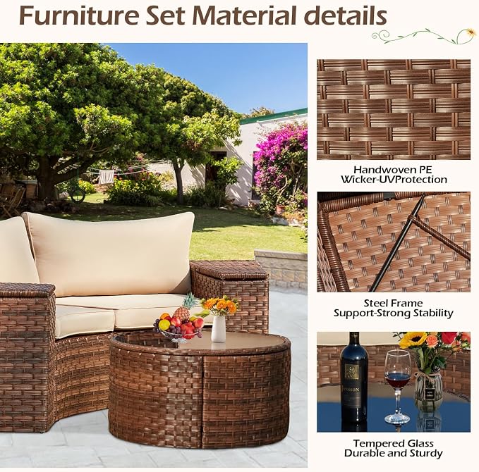 ECOTOUGE Outdoor Patio Furniture, 5 Piece Half-Moon Sectional Round Patio Set, Wicker Lazy Outdoor Sofa Set with Storage Side Table & Coffee Table for Pool Backyard Patio Garden(Beige/Brown)