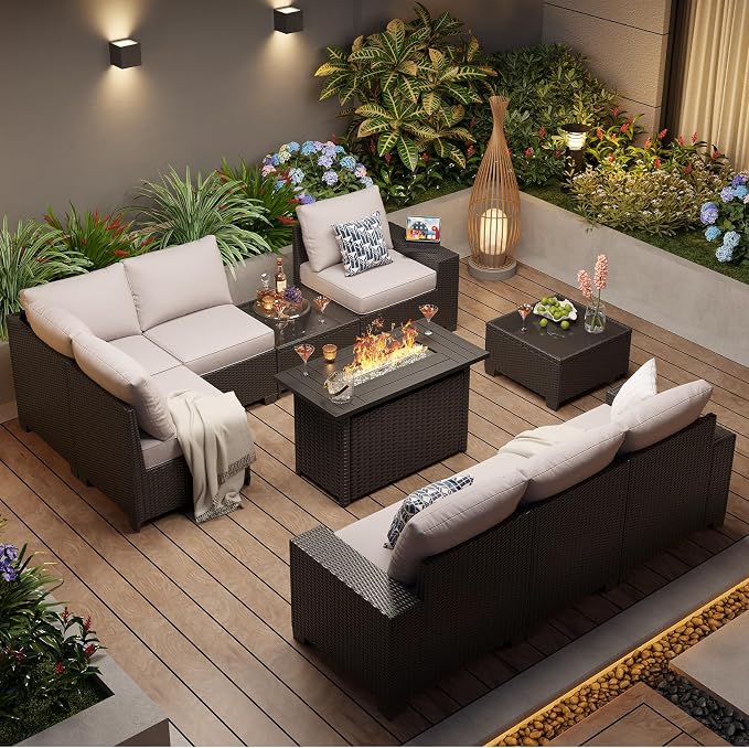 Aoxun Patio Furniture Sets with 44'' Fire Pit, 10 Pcs Outdoor Patio Coversation Set with 4'' Thicken Cushion and Coffee Table, Widen Armrests Wicker Outdoor Sectional for Backyard & Garden, Grey