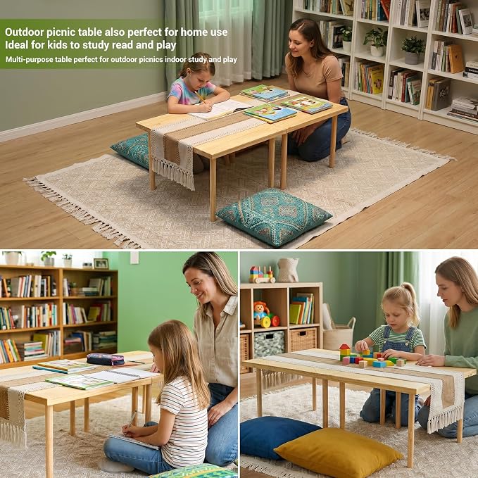 Upgraded Mini Low Wooden Folding Picnic Table with 8-Legs, Thick Varnished Tabletop, 44"×30" Portable Boho Beach Table with Table Runner for Yard, Indoor & Outdoor (Diagonal)