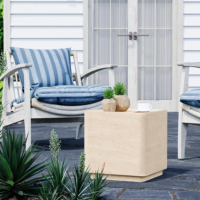 HOMPUS Outdoor Side Table Rectangular, Concrete Cement Side Table Lightweight MgO End Table, Patio Accent Coffee Table Garden Tool for Patio, Porch and Deck, Milky Yellow